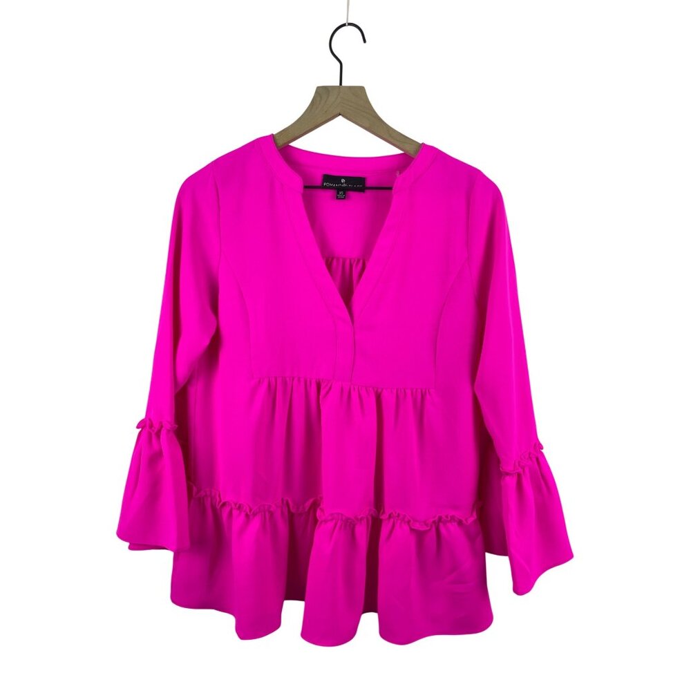 Pomander Place Women's XS Fuschia Hot Pink Bell Sleeve Tiered Ruffle Blouse